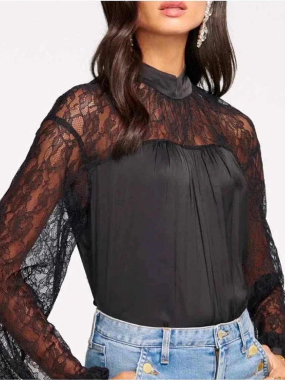 RAMY BROOKE, Sorinda Lace Sleeves Mock Neck Top in Black, Size S/P